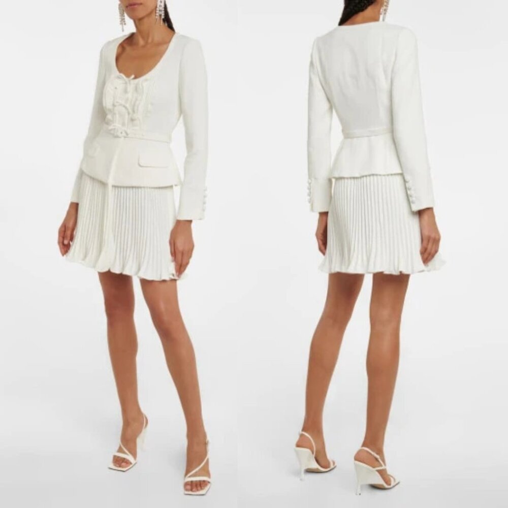 NWT Self-Portrait Ivory Crepe Mini Dress Belted Bow Details Pleated Skirt Sz 8